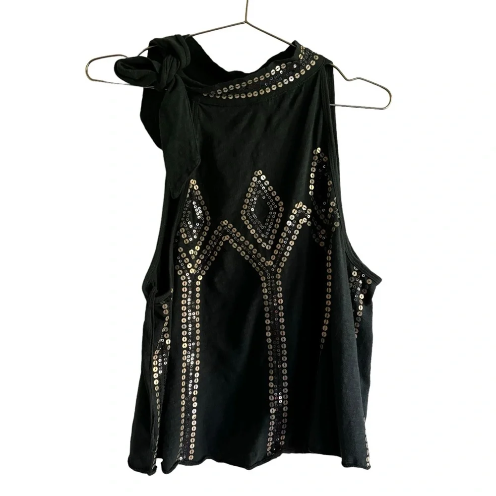 Free People Glitter City Tie‎ Neck Dark Turquoise Sequin Tank Sleeveless Top